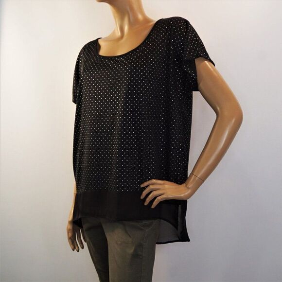 Studio Y Womens Top Swiss Dot Black Silver Contrasting Hem Size XL Blouse - Picture 4 of 8